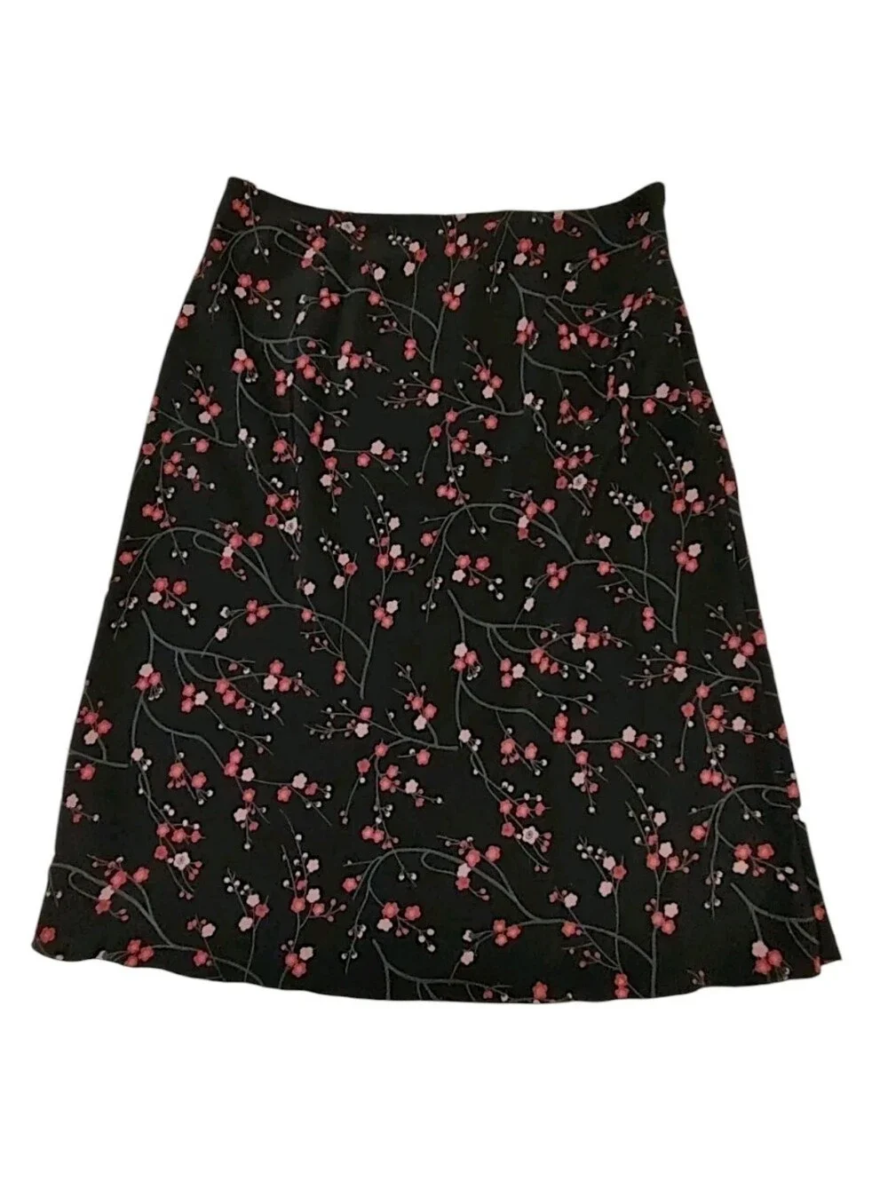 Vintage 90s Y2K Express Skirt Size 9/10 Black Pink Floral Cherry Blossom A-Line